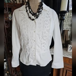 Jones New York Womens White Peplum Long Sleeve Button Up Crochet Detail Sz S